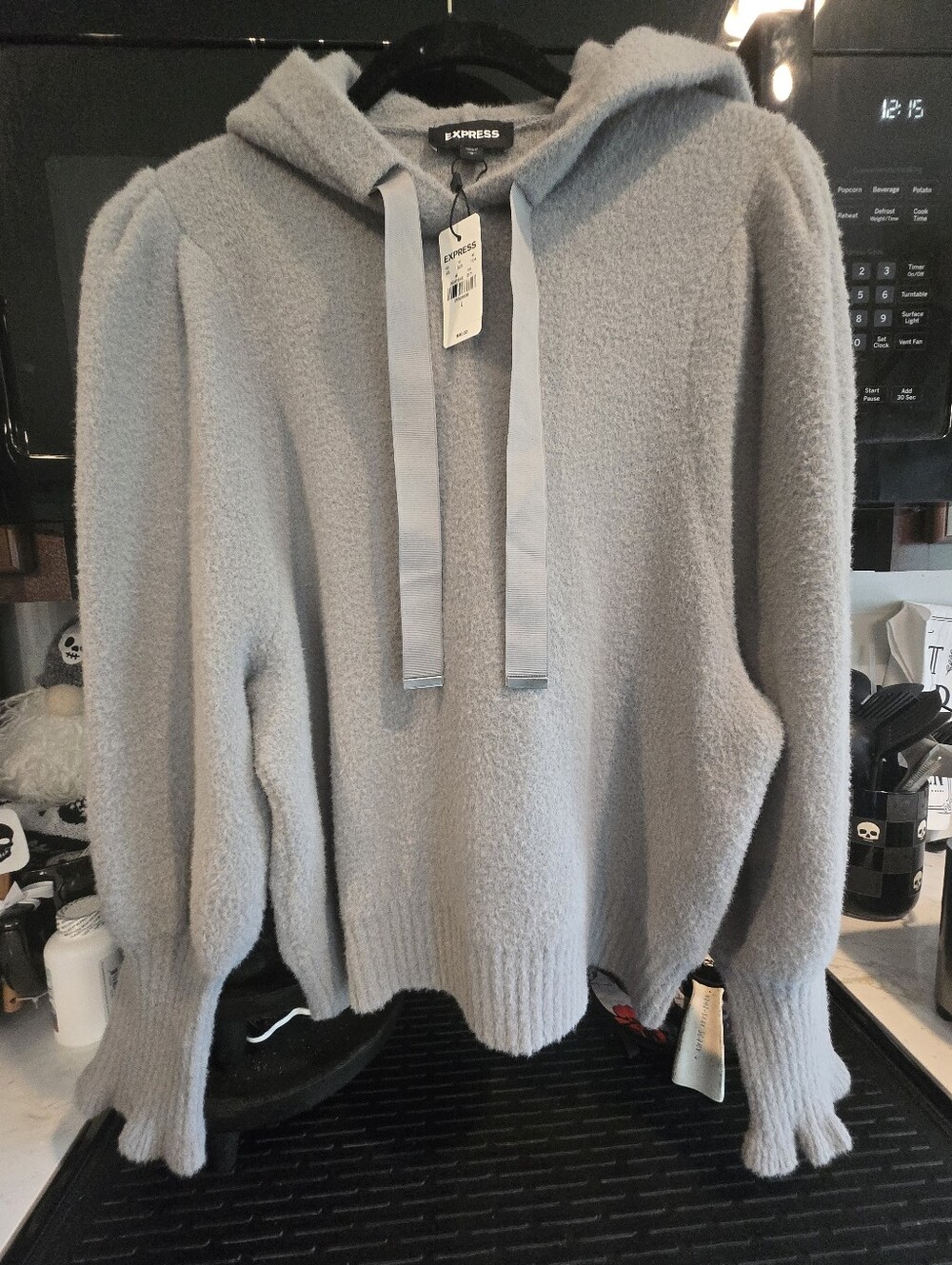 NWT! Express Plush Hooded Pullover in Light Gray. Size L